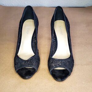 **Nine West Etta Leather Pumps, Women's Size 8 M, Black Lace heels slip on